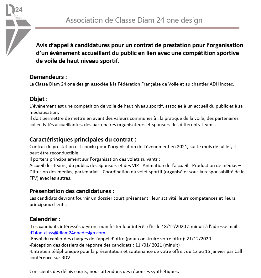 Appel Candidatures Evenement Voile Juillet 2021 Diam 24 One Design calendrier 2021 ffv